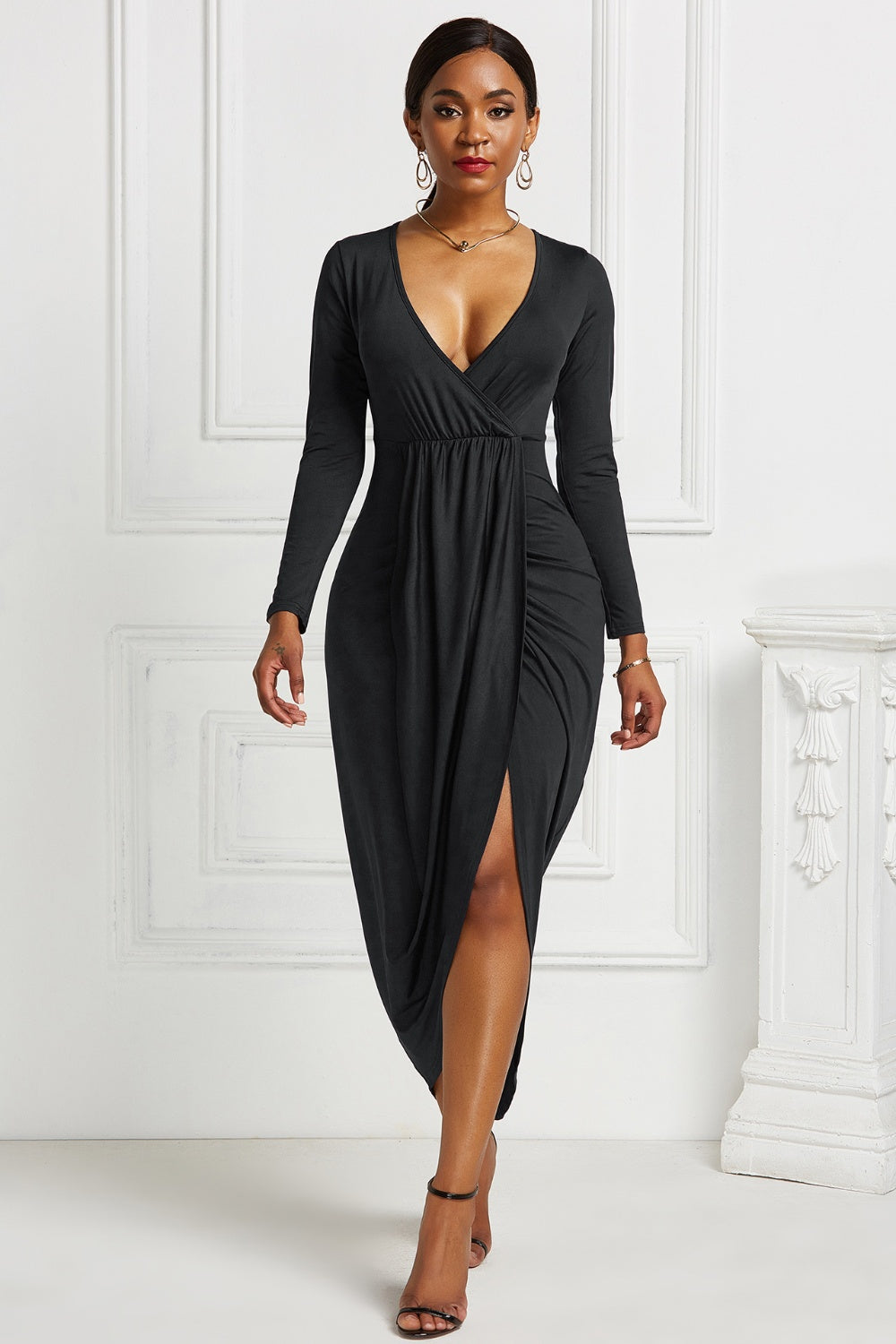 High-low Ruched Surplice Long Sleeve Dress - Tantalize Boutique
