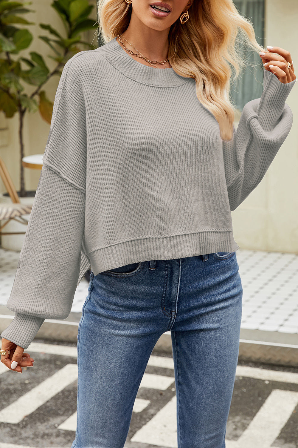 Round Neck Dropped Shoulder Sweater - Tantalize Boutique