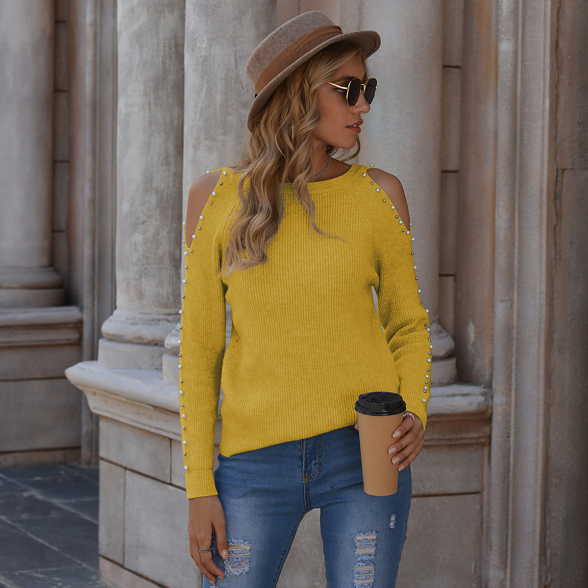 Pearl Patchwork Cold Shoulder Sweater - Tantalize Boutique