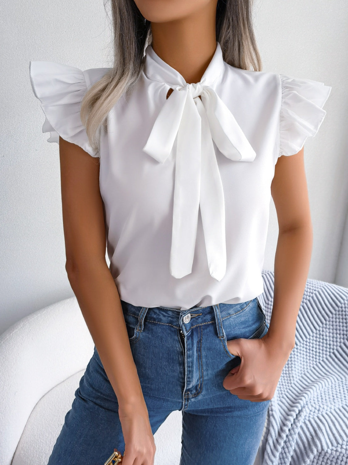 Tie  Neck Cap Sleeve Blouse - Tantalize Boutique
