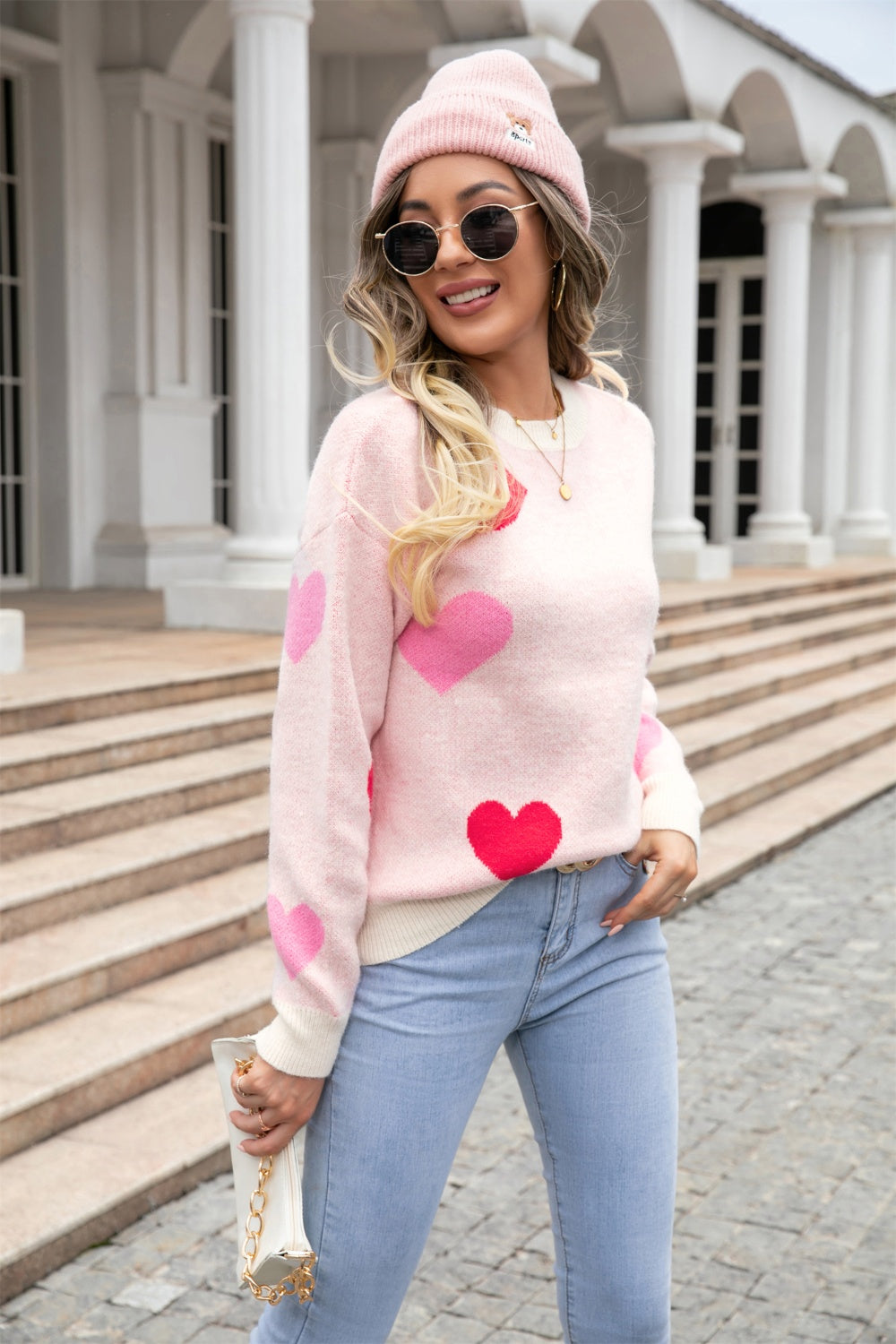 Heart Round Neck Droppped Shoulder Sweater - Tantalize Boutique