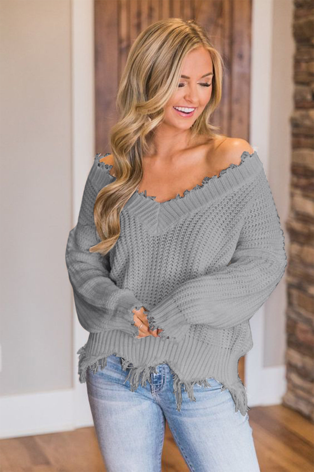 Frayed Hem Dropped Shoulder Sweater - Tantalize Boutique