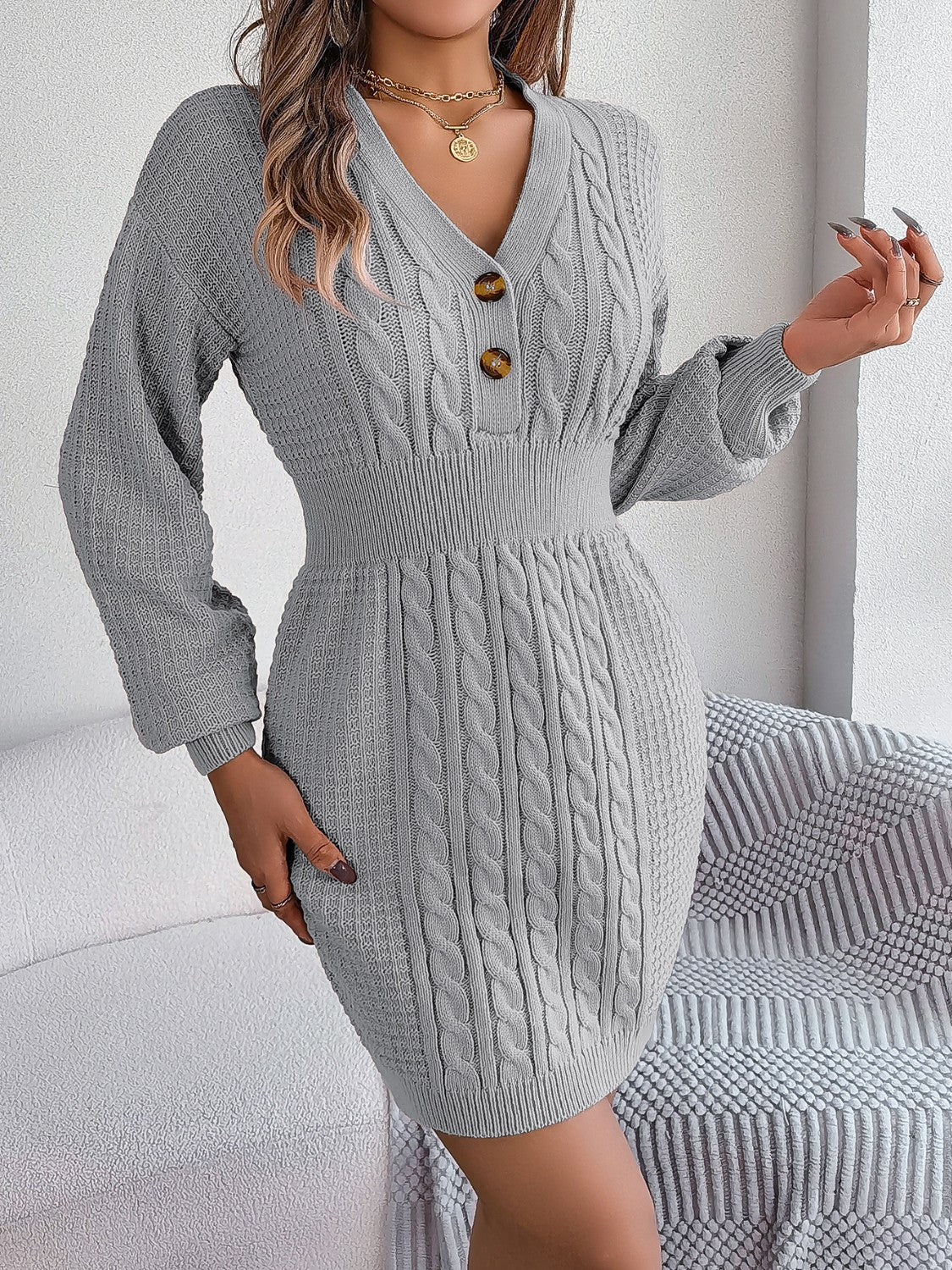 Buttoned Cable-Knit V-Neck Sweater Dress - Tantalize Boutique