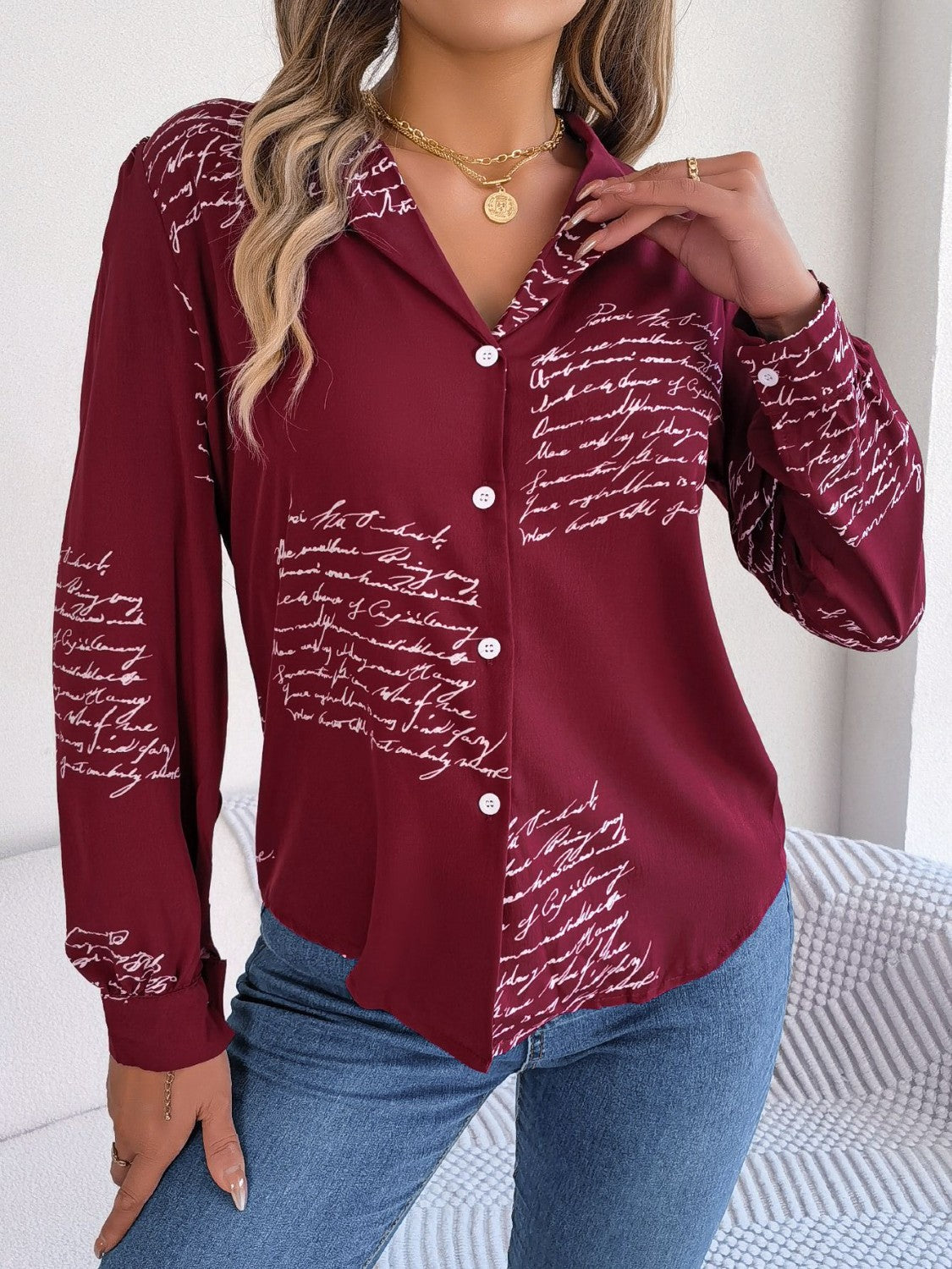 Letter Printed Button Up Long Sleeve Blouse - Tantalize Boutique