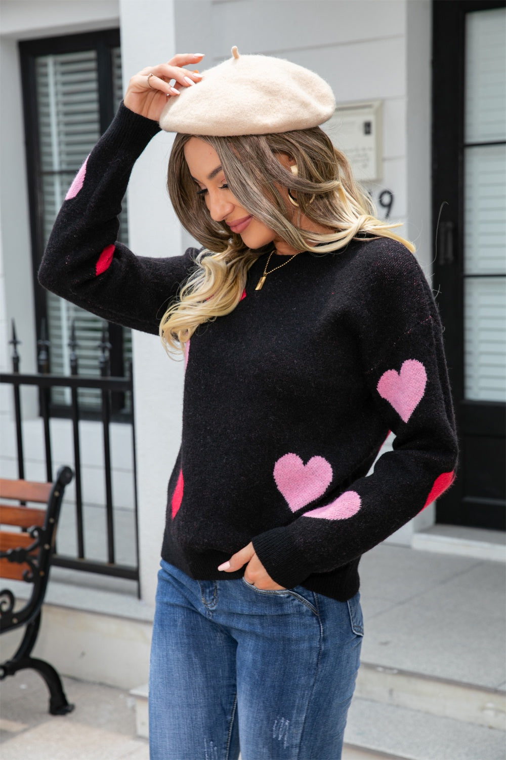 Heart Round Neck Droppped Shoulder Sweater - Tantalize Boutique