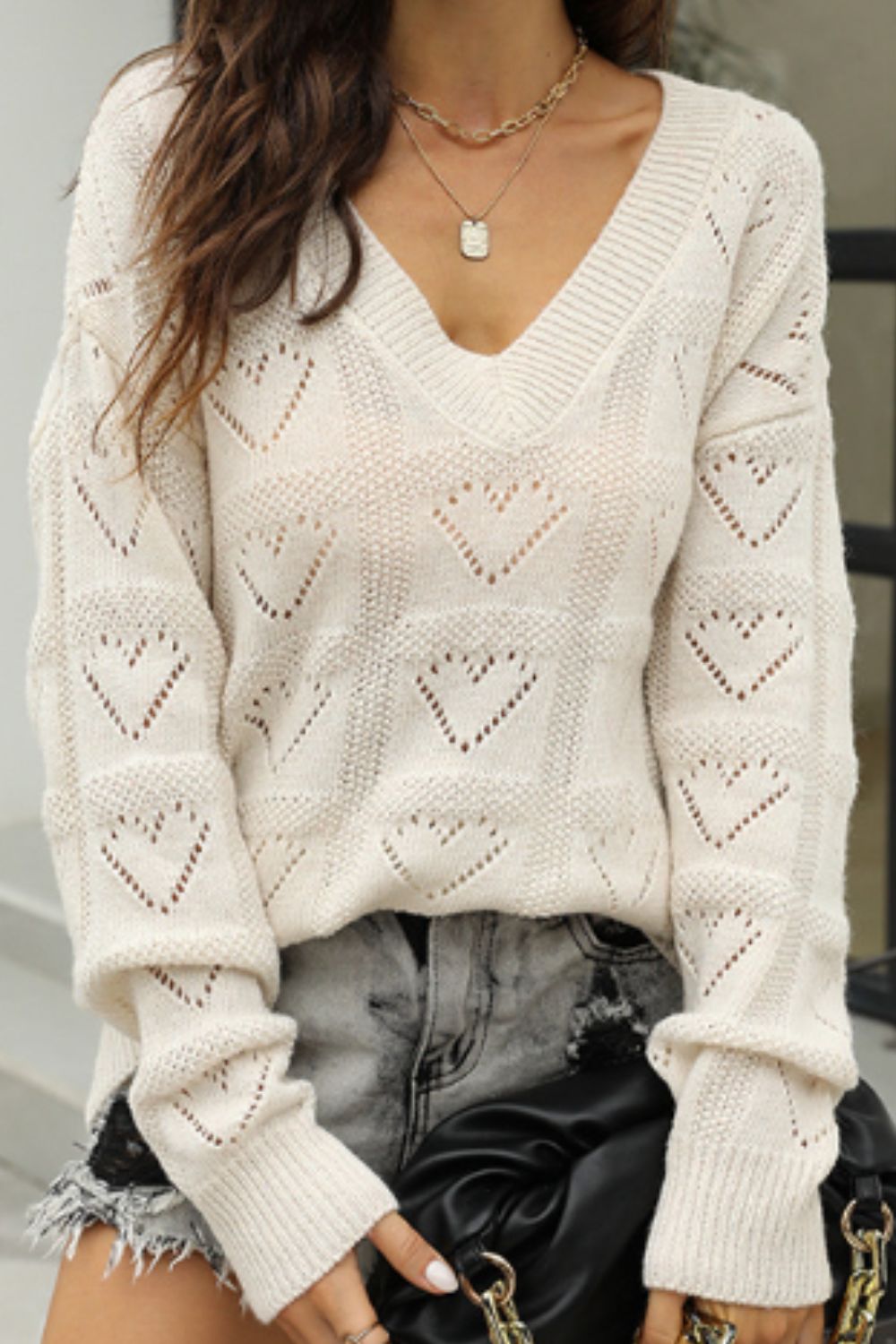 Openwork V-Neck Dropped Shoulder Sweater - Tantalize Boutique