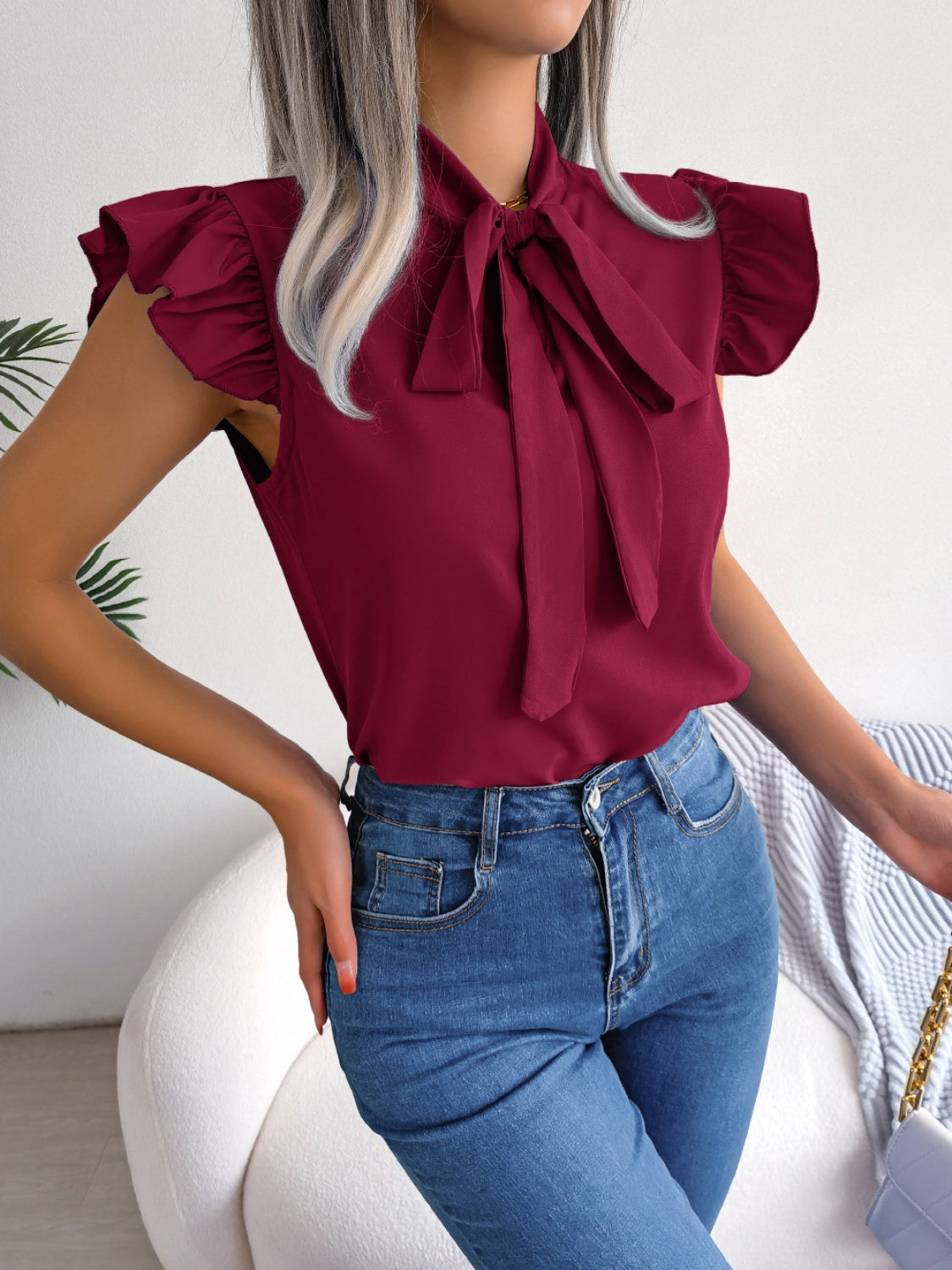 Tie  Neck Cap Sleeve Blouse - Tantalize Boutique