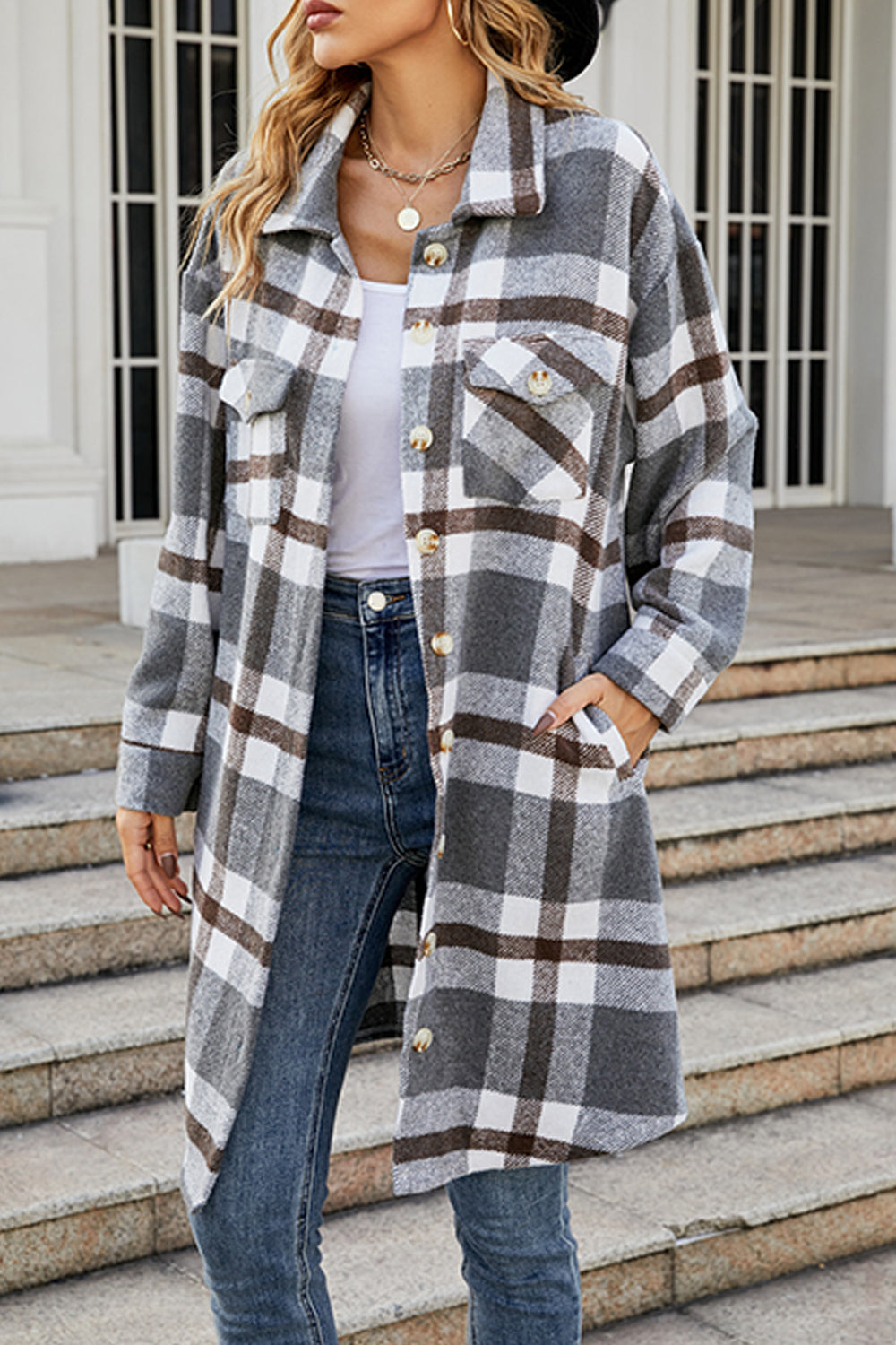 Plaid Button Up Collared Neck Coat with Pockets - Tantalize Boutique