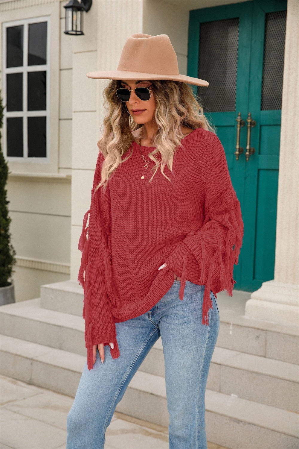 Fringe Round Neck Dropped Shoulder Sweater - Tantalize Boutique