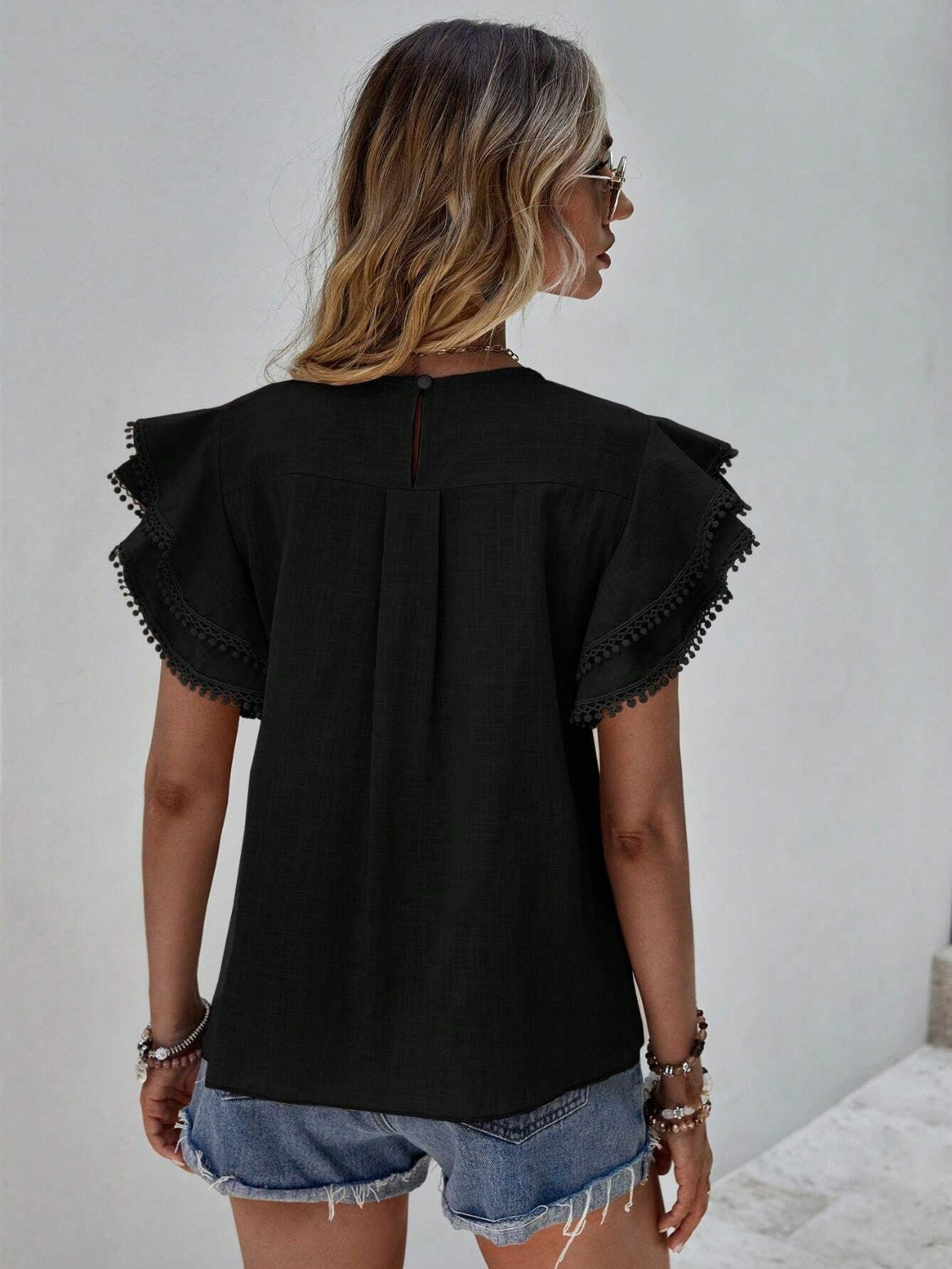 Ruffled Cap Sleeve Round Neck Blouse - Tantalize Boutique