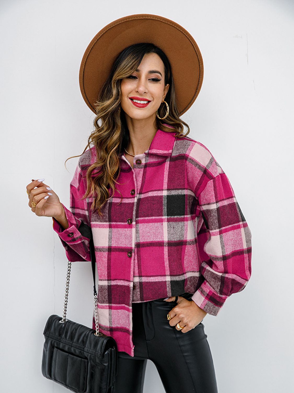 Plaid Button Up Collared Neck Jacket - Tantalize Boutique