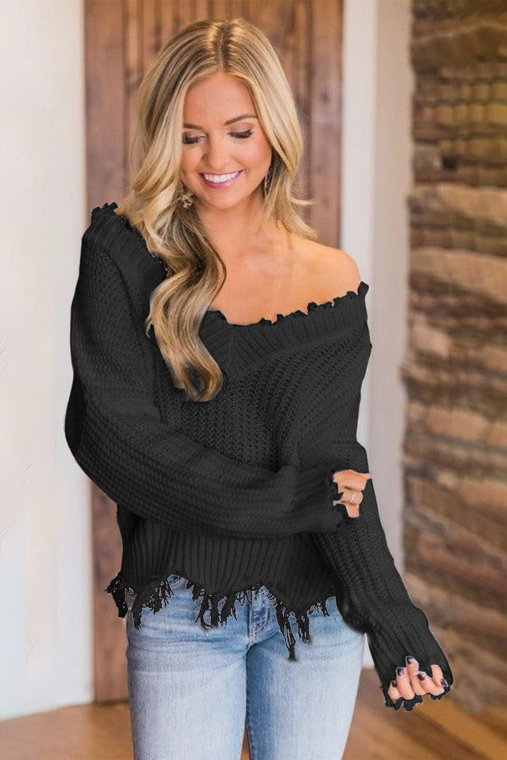Frayed Hem Dropped Shoulder Sweater - Tantalize Boutique