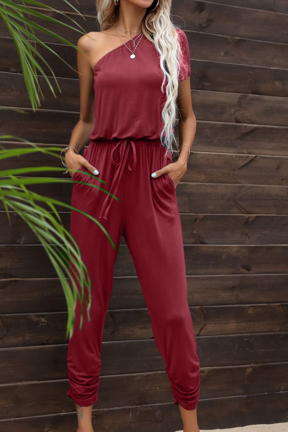 Drawstring Waist One-Shoulder Jumpsuit with Pockets - Tantalize Boutique