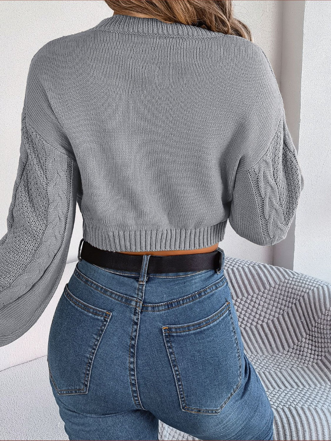 Cable-Knit Round Neck Cropped Sweater - Tantalize Boutique