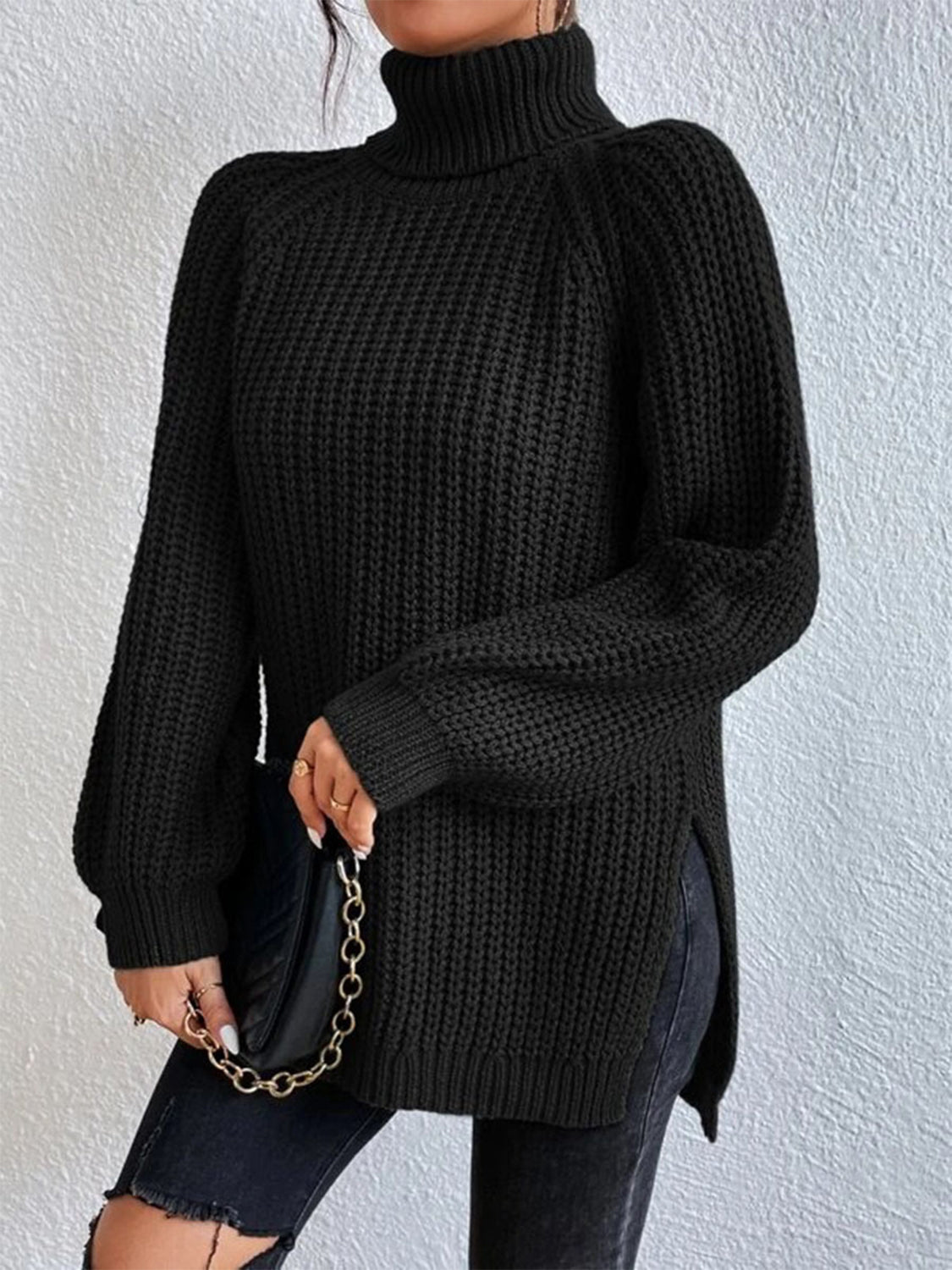 Full Size Turtleneck Rib-Knit Slit Sweater - Tantalize Boutique