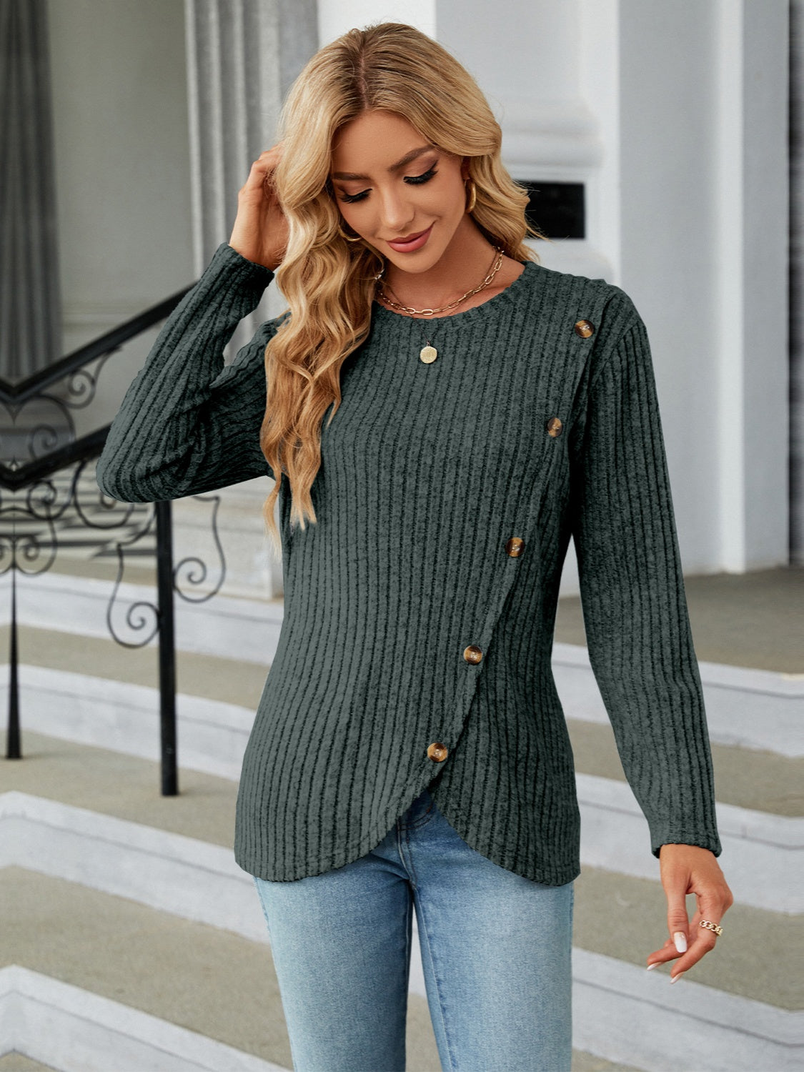Round Neck Long Sleeve Blouse - Tantalize Boutique