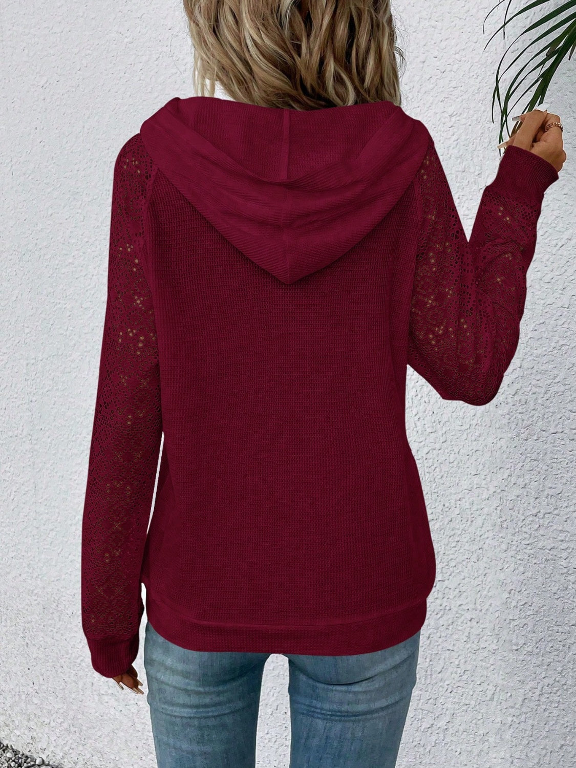 Waffle-Knit Lace Kangaroo Pocket Hoodie - Tantalize Boutique