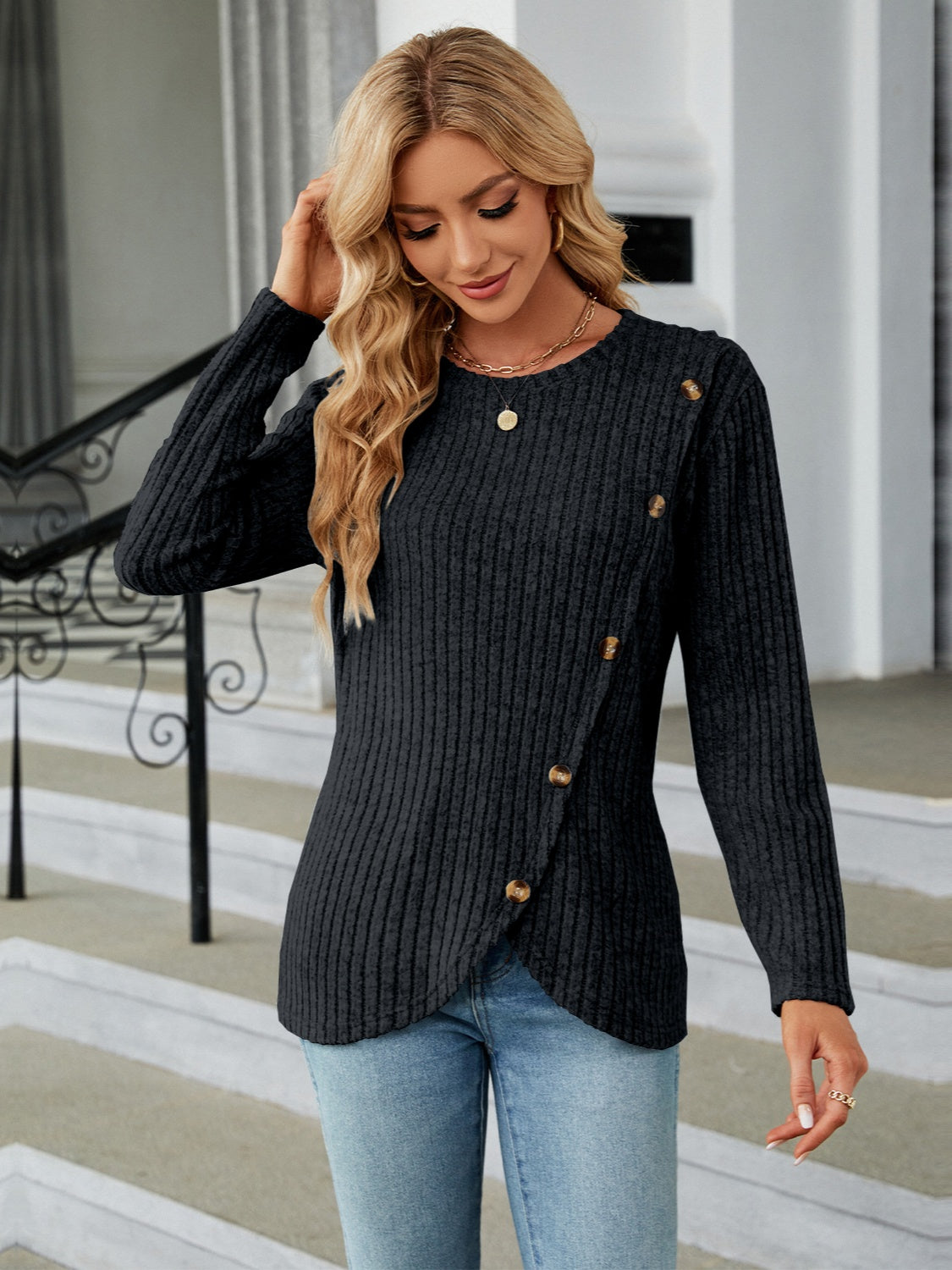 Round Neck Long Sleeve Blouse - Tantalize Boutique