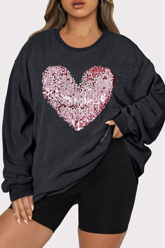 Plus Size Heart Sequin Round Neck Sweatshirt - Tantalize Boutique