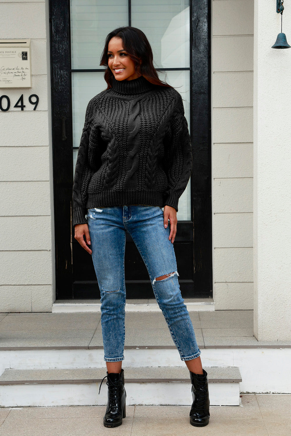 Cable-Knit Turtleneck Long Sleeve Sweater - Tantalize Boutique