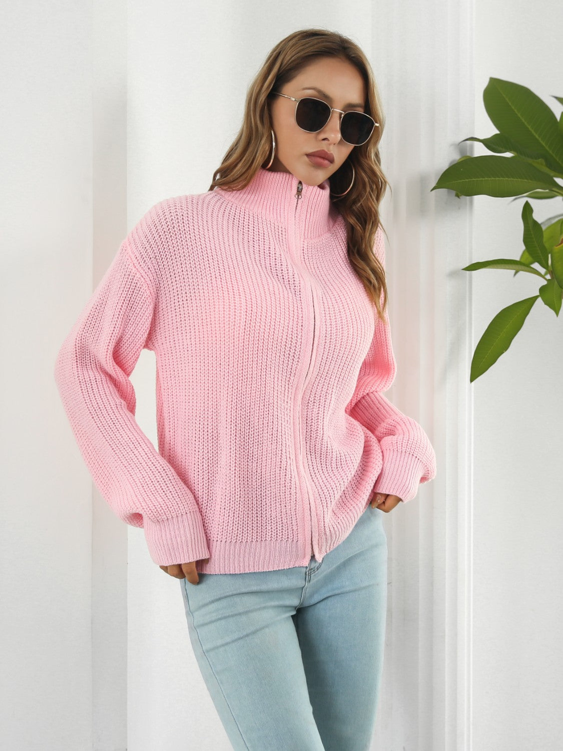 Turtleneck Zip Up Long Sleeve Knit Top - Tantalize Boutique