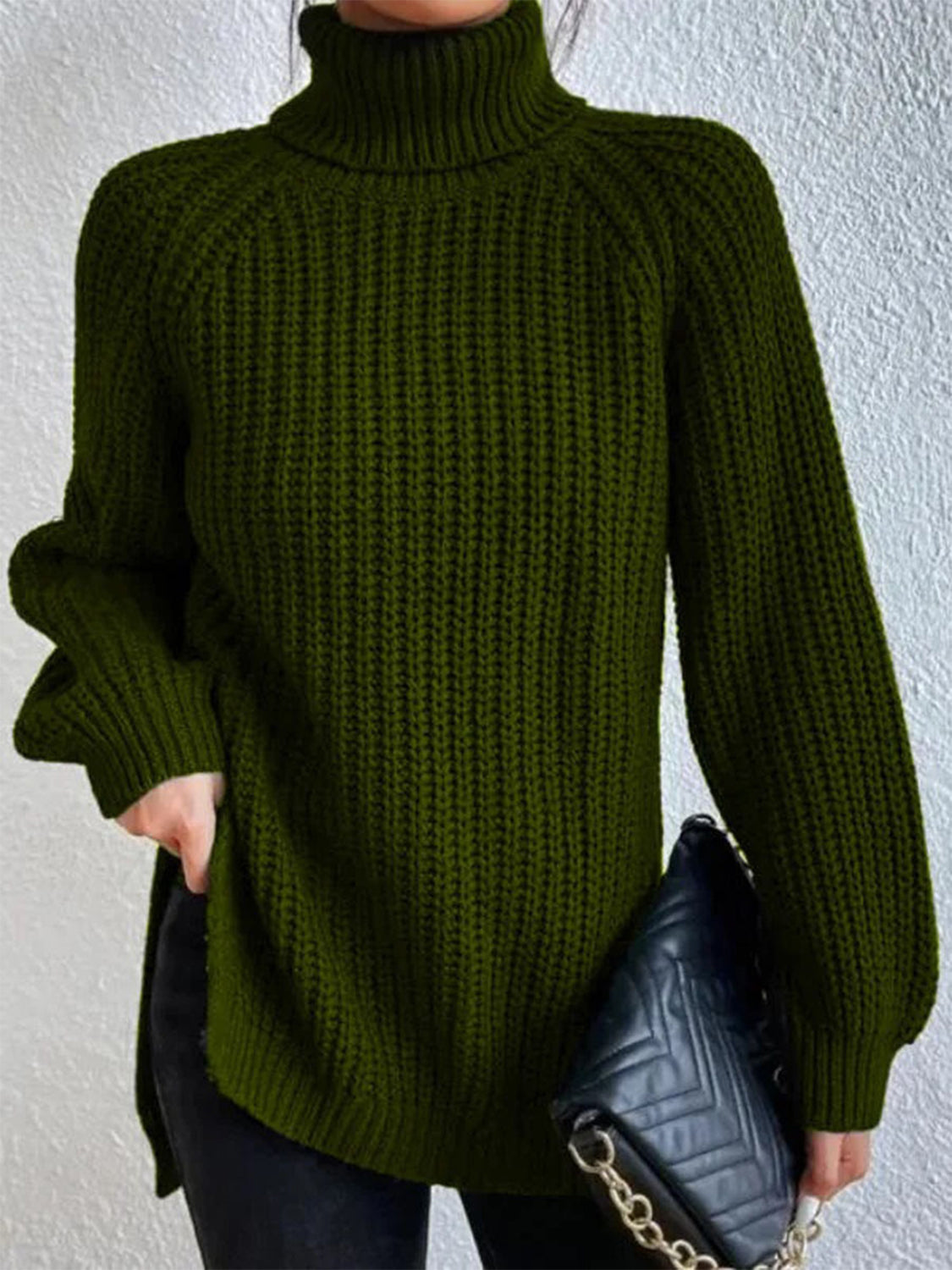 Full Size Turtleneck Rib-Knit Slit Sweater - Tantalize Boutique