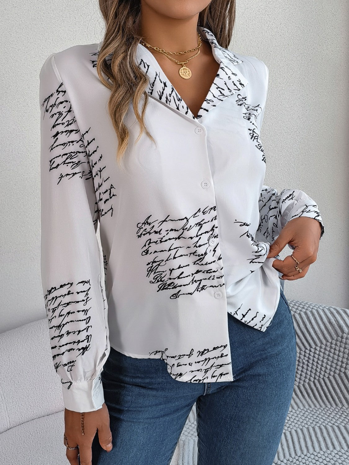 Letter Printed Button Up Long Sleeve Blouse - Tantalize Boutique