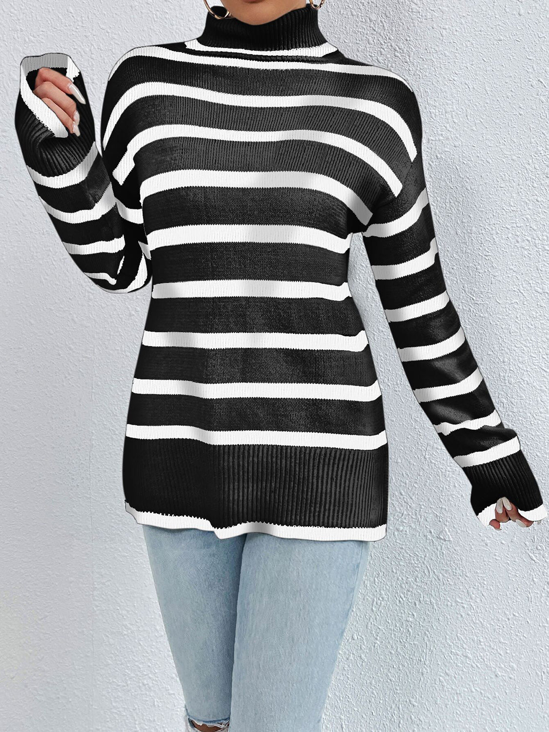 Striped Turtleneck Long Sleeve Sweater - Tantalize Boutique