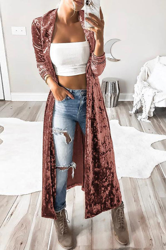 Open Front Long Sleeve Longline Velvet Cardigan - Tantalize Boutique