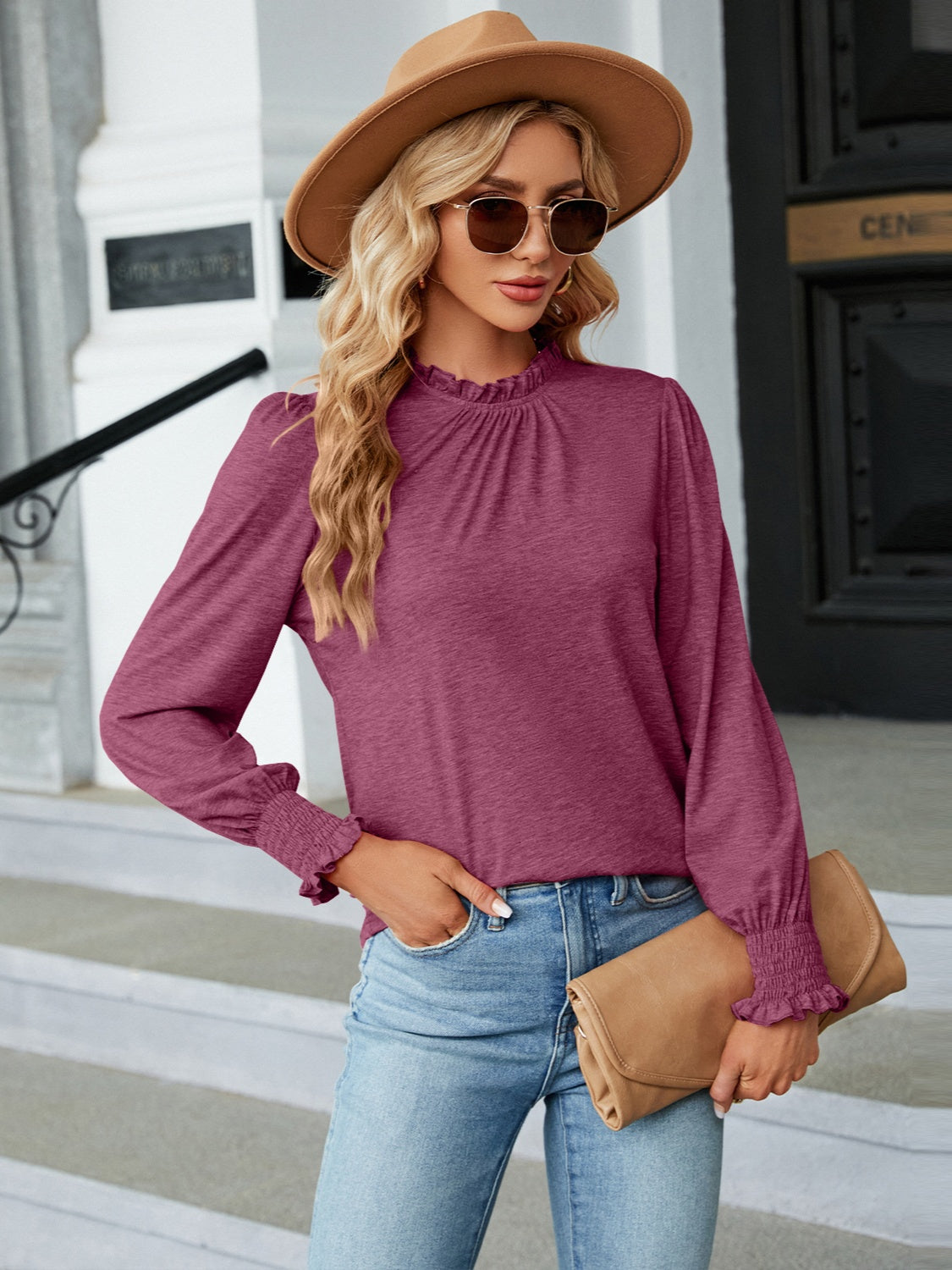Frill Mock Neck Long Sleeve Blouse - Tantalize Boutique