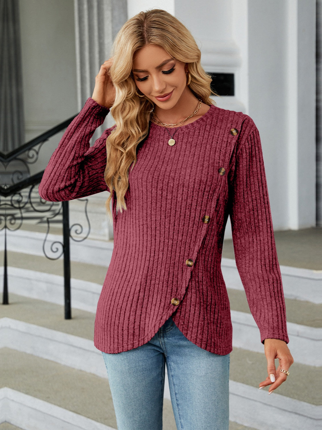 Round Neck Long Sleeve Blouse - Tantalize Boutique
