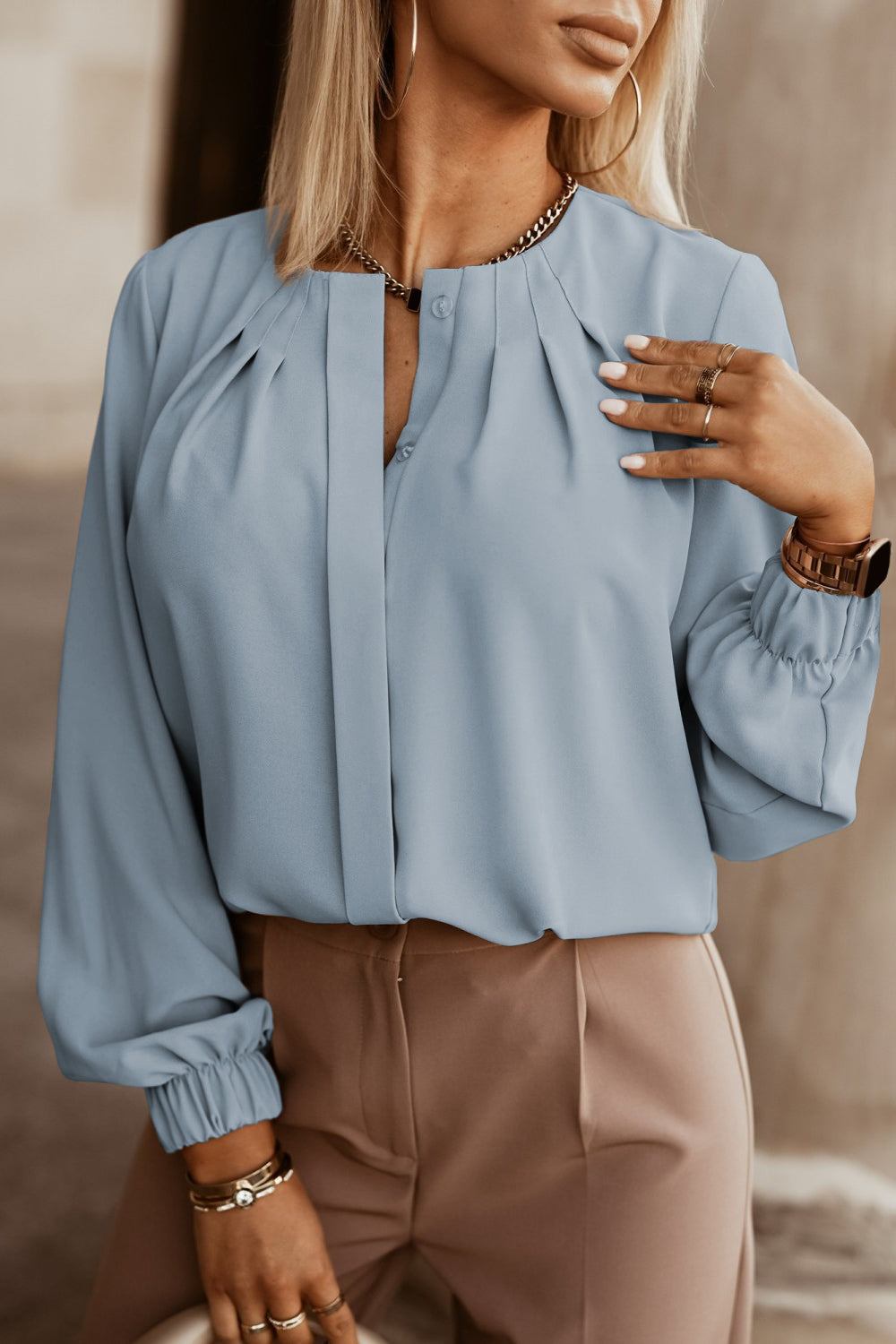 Button Up Round Neck Long Sleeve Shirt - Tantalize Boutique