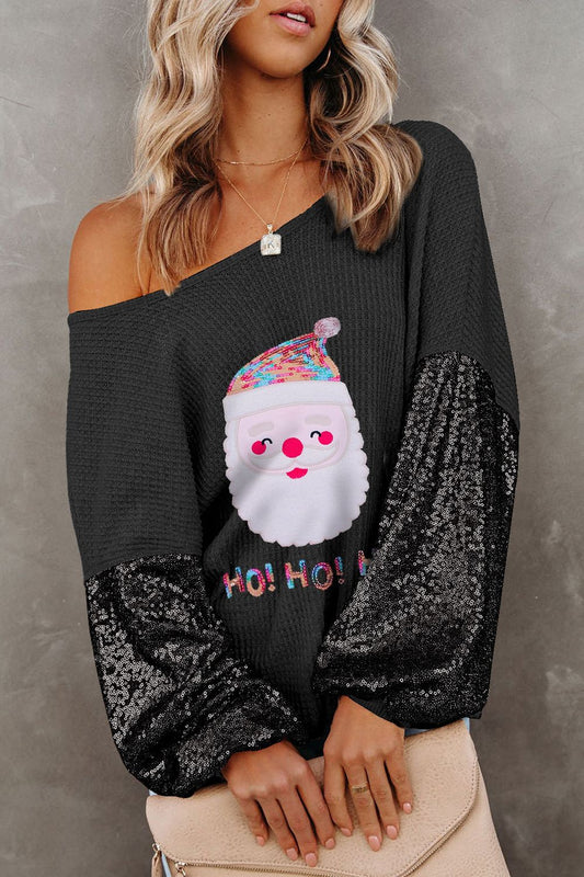 Waffle-Knit Santa Graphic Sequin Long Sleeve Blouse - Tantalize Boutique