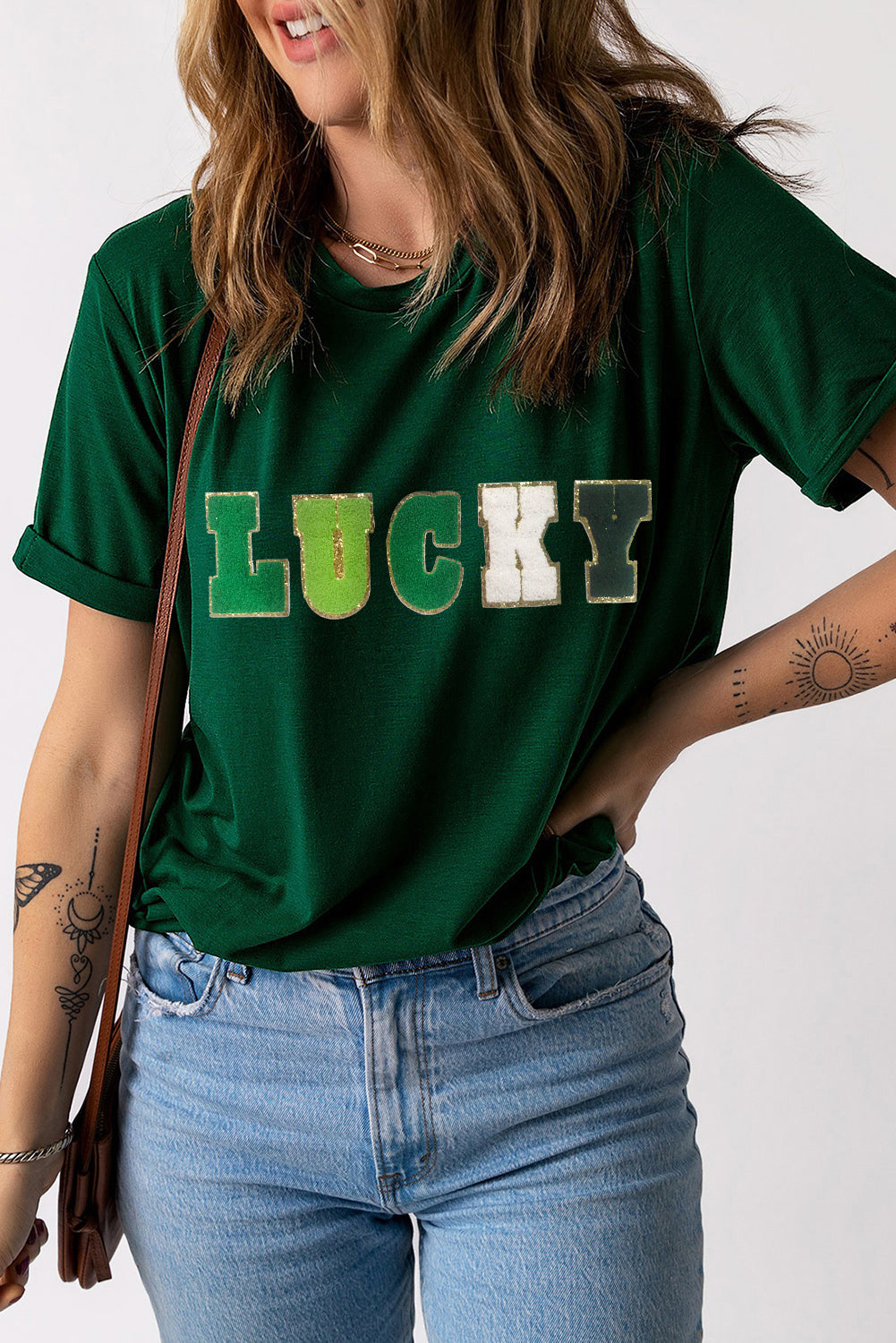 LUCKY Round Neck Short Sleeve T-Shirt - Tantalize Boutique