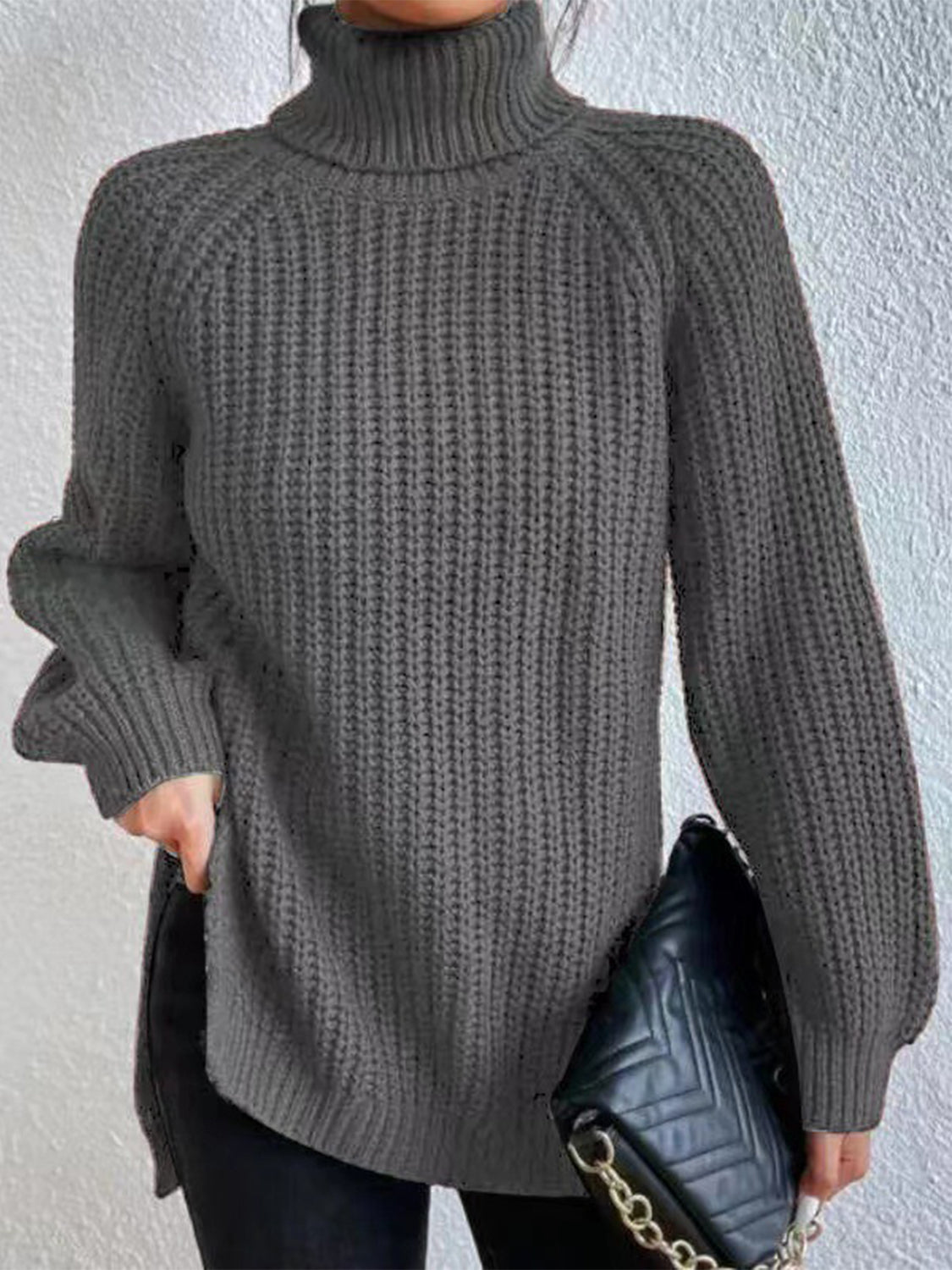 Full Size Turtleneck Rib-Knit Slit Sweater - Tantalize Boutique