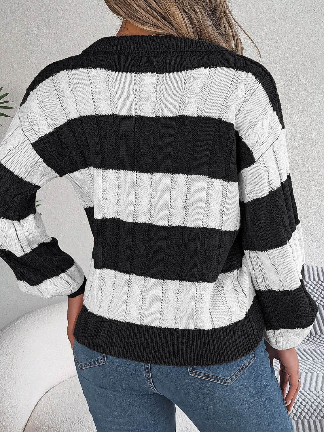 Cable-Knit Striped Long Sleeve Sweater - Tantalize Boutique