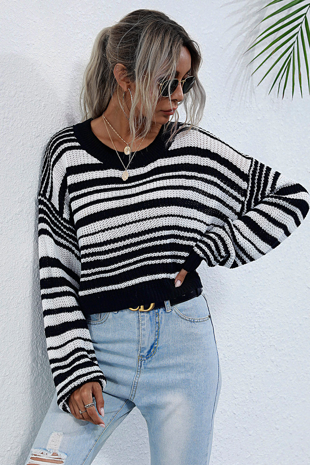 Striped Round Neck Dropped Shoulder Sweater - Tantalize Boutique