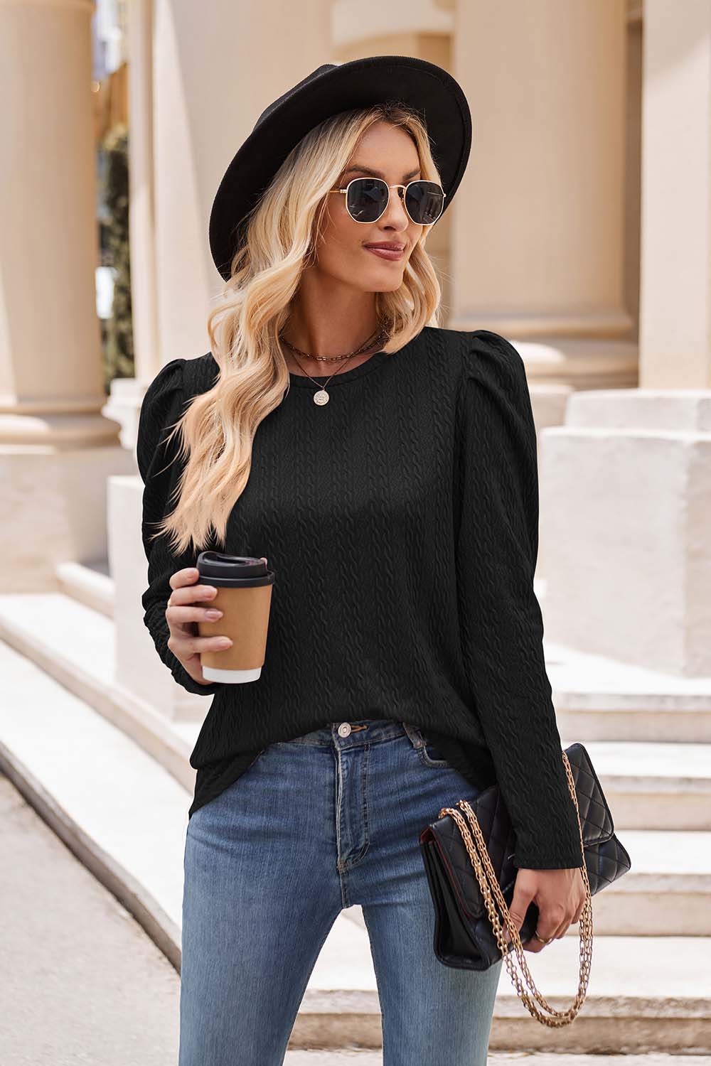 Round Neck Puff Sleeve Blouse - Tantalize Boutique