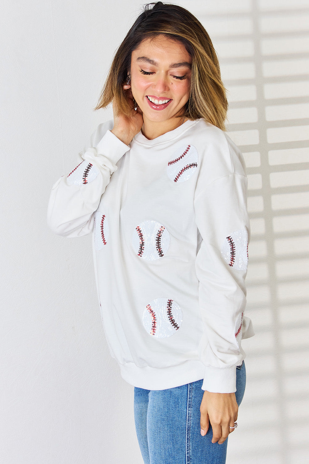 Sequin Ball Round Neck Dropped Shoulder Sweatshirt - Tantalize Boutique