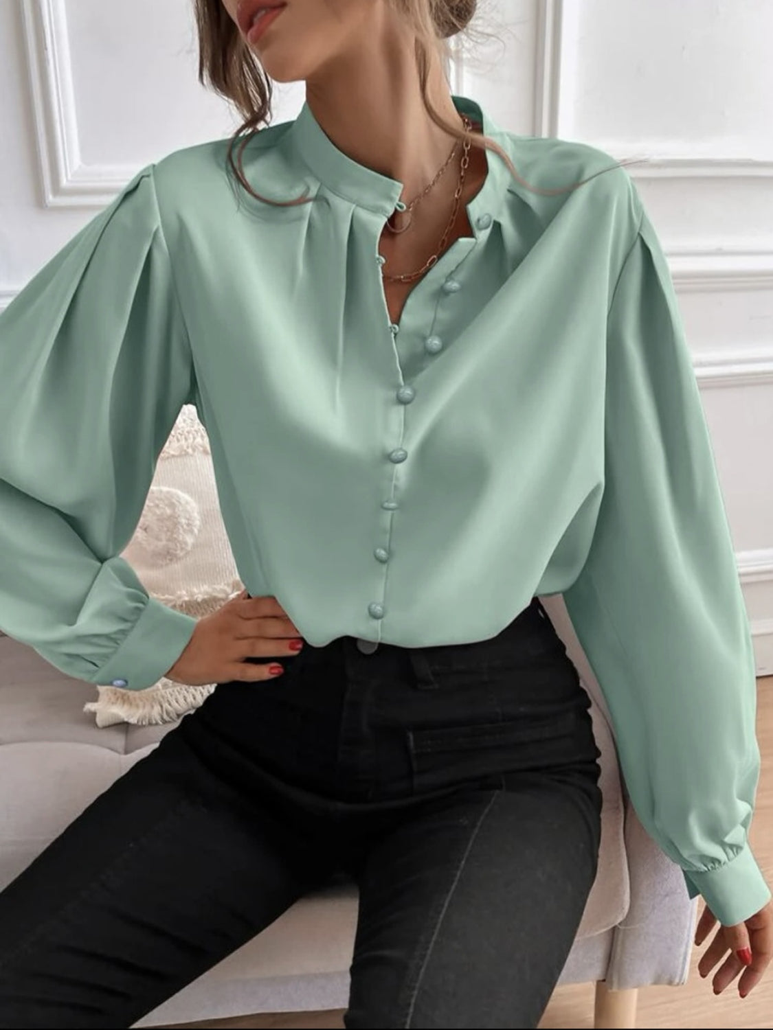 Mock Neck Button Front Shirt - Tantalize Boutique