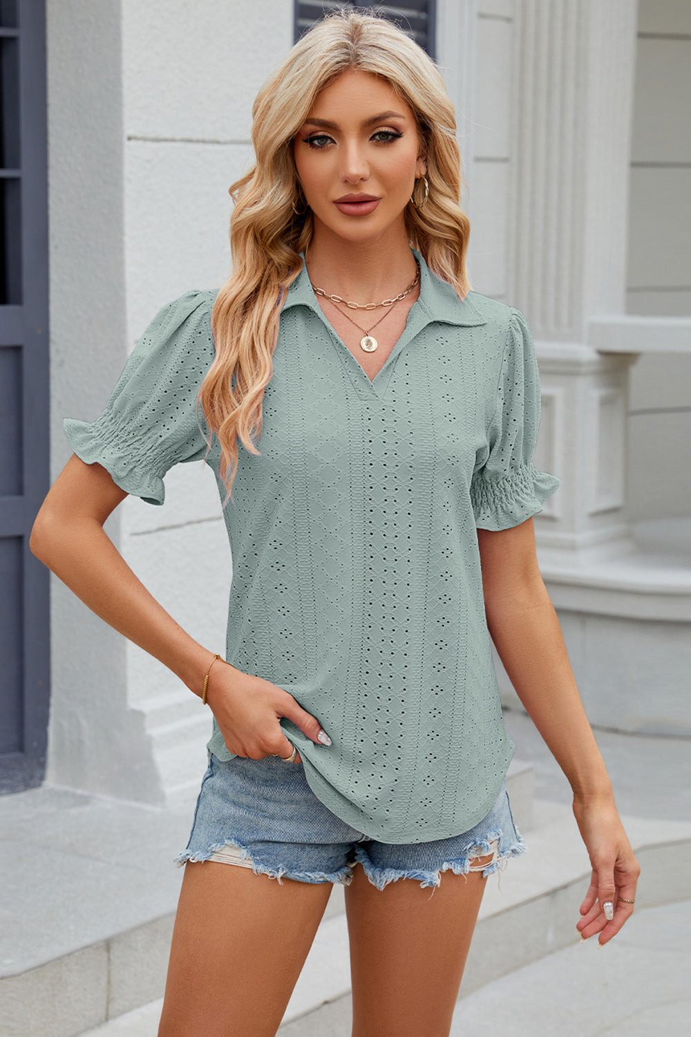 Eyelet Johnny Collar Short Sleeve Blouse - Tantalize Boutique