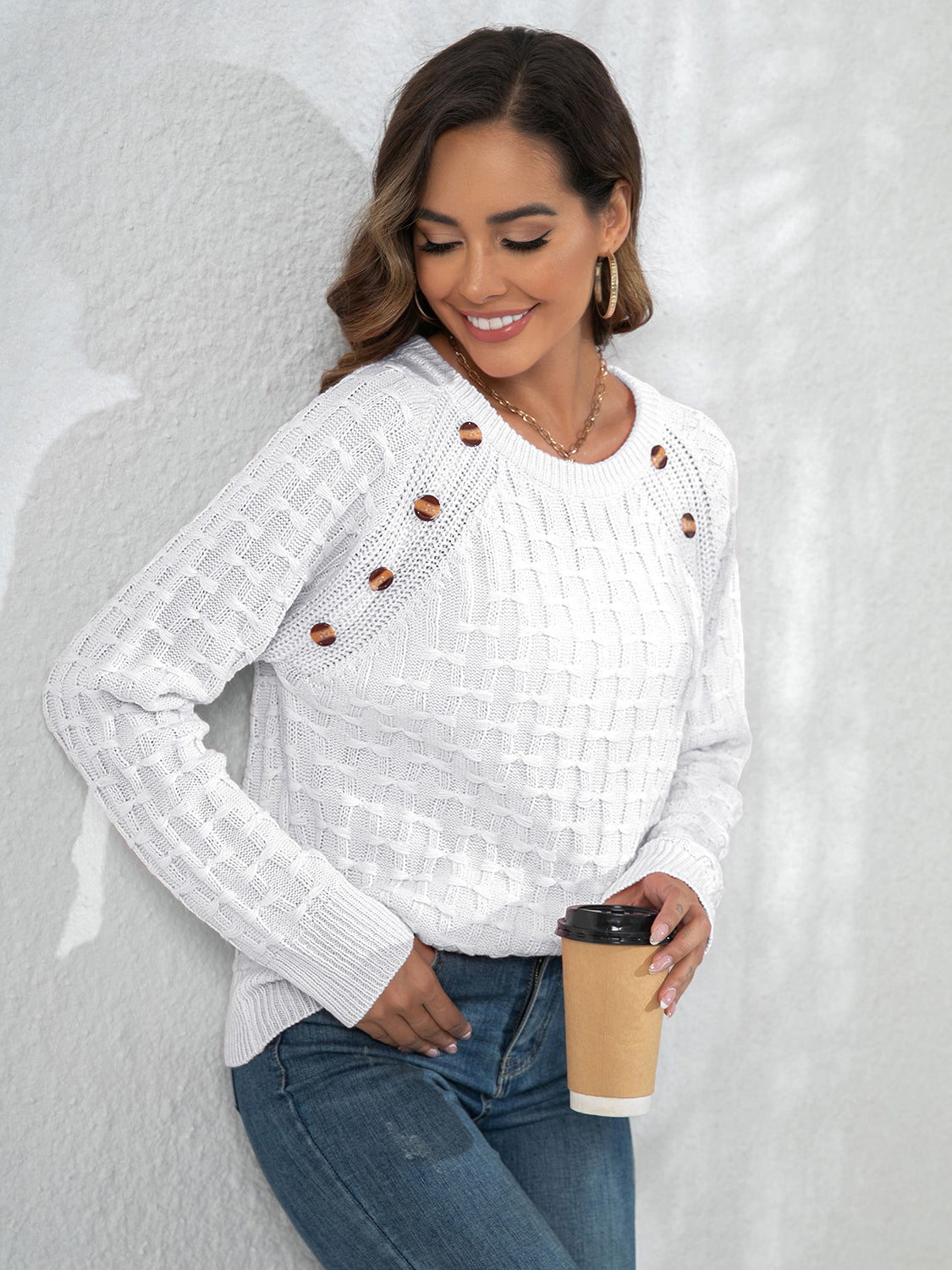 Decorative Button Long Sleeve Sweater - Tantalize Boutique