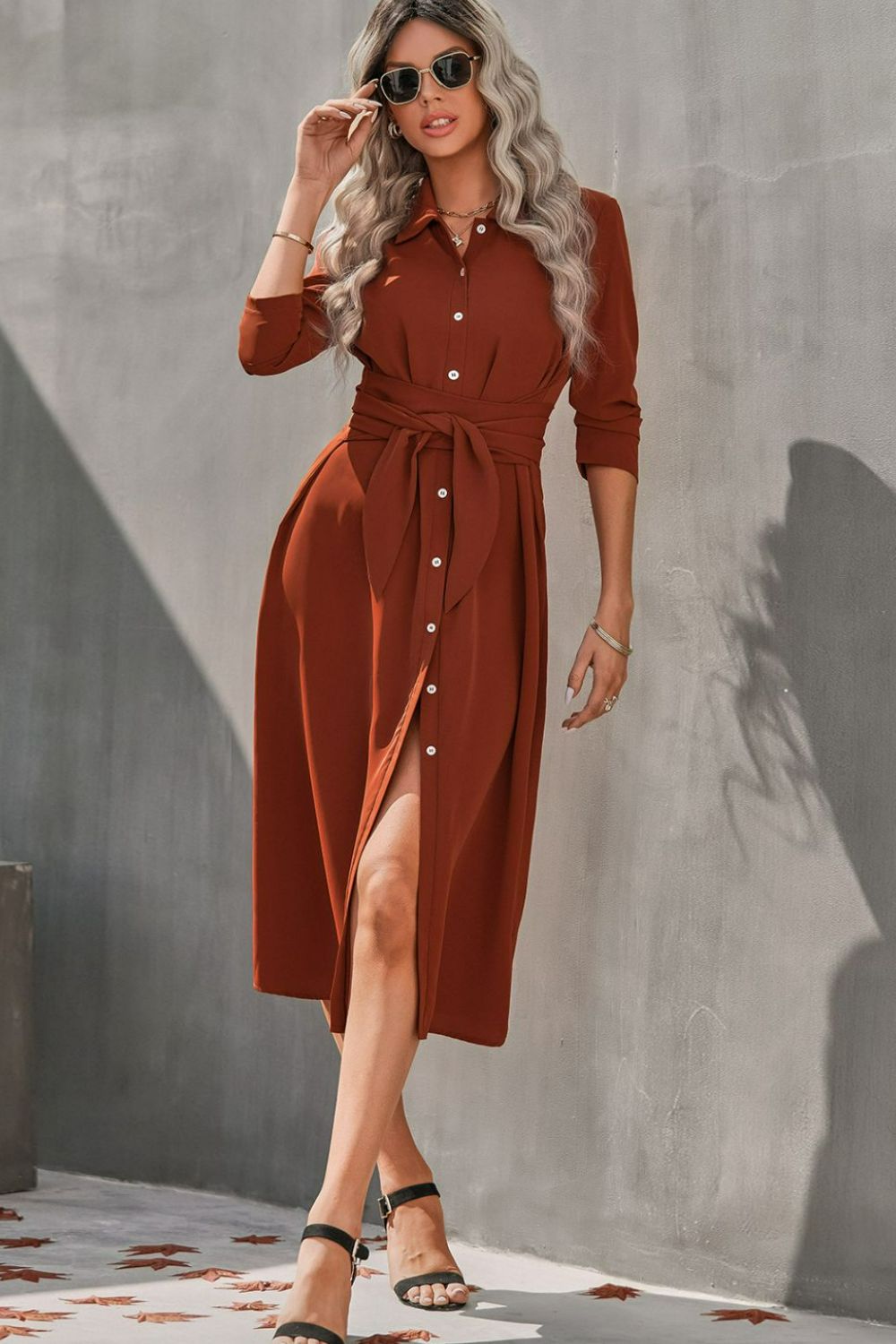 Collared Neck Tie Waist Midi Shirt Dress - Tantalize Boutique