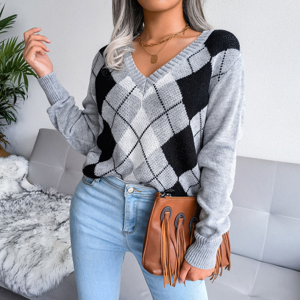 Geometric V-Neck Sweater - Tantalize Boutique