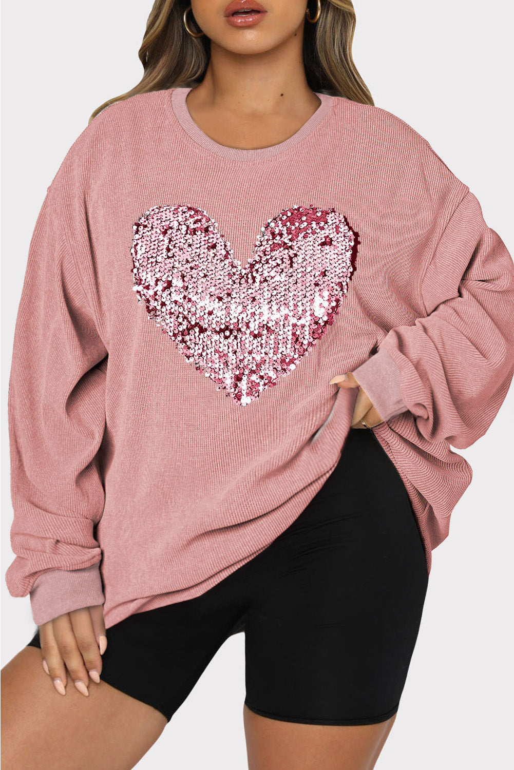 Plus Size Heart Sequin Round Neck Sweatshirt - Tantalize Boutique