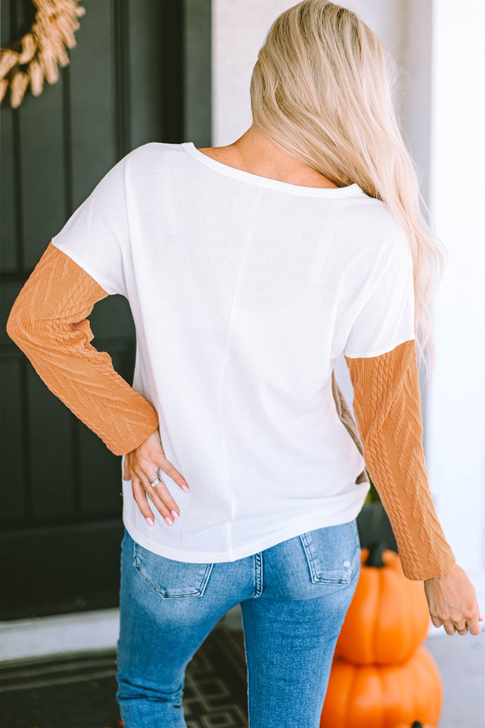 Full Size Color Block Cable-Knit Tops - Tantalize Boutique