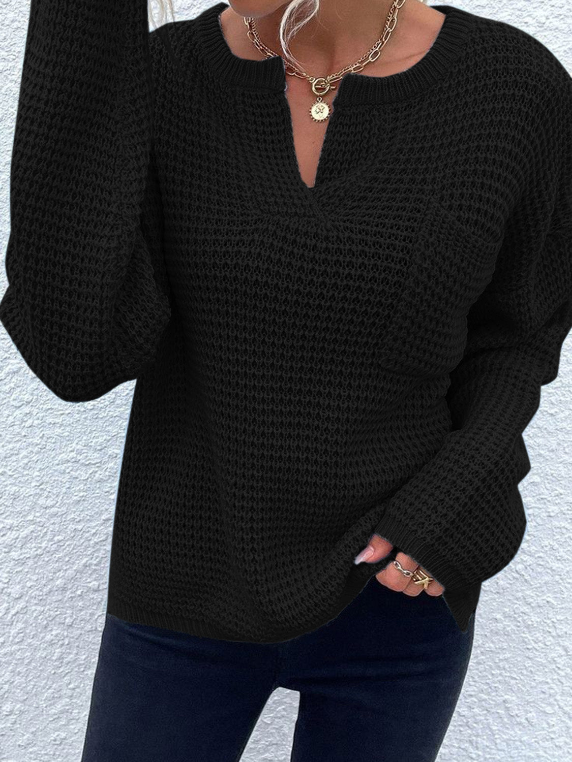 Notched Long Sleeve Sweater - Tantalize Boutique