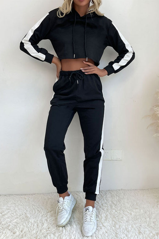 Side Stripe Cropped Hoodie and Jogger Set - Tantalize Boutique