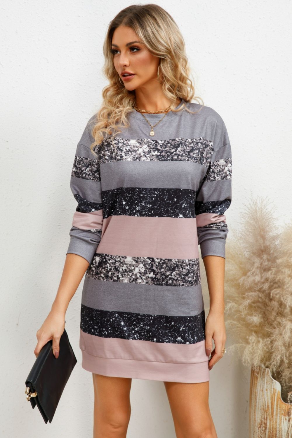 Striped Round Neck Dropped Shoulder Dress - Tantalize Boutique
