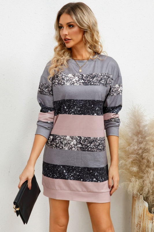 Striped Round Neck Dropped Shoulder Dress - Tantalize Boutique